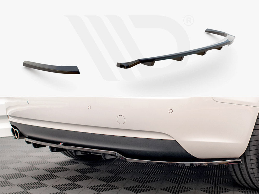 Two black car rear diffusers are displayed; one is curved with fins, while the other is a straight extension. Below, a white car's rear bumper shows a diffuser installed.