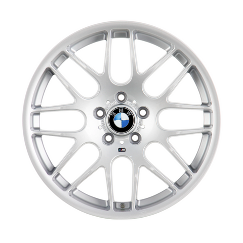 A silver alloy wheel with a BMW logo at the center, displaying multiple spokes, set against a plain white background.