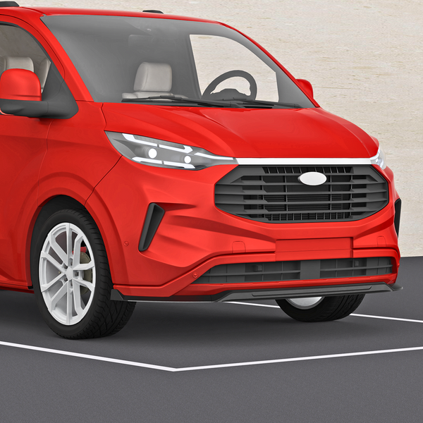 A red van parked within a designated space on a gray asphalt surface with a beige wall in the background, showcasing its front and side profile.