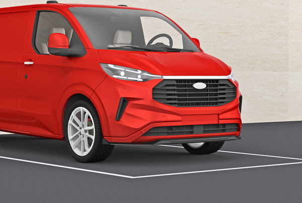 A red van parked within a designated space on a gray asphalt surface with a beige wall in the background, showcasing its front and side profile.