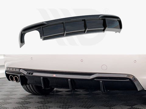 Glossy black rear diffuser; static; attached to white car's bumper with quad exhaust pipes, detailed floor pattern beneath.