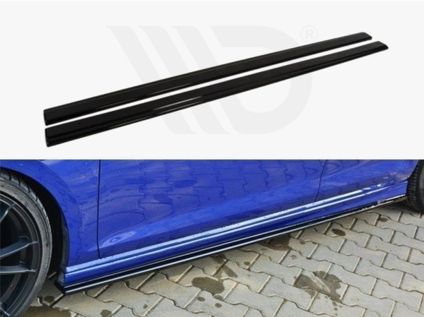 Black side skirt extensions are shown in two parts: aligned and installed. The installed view displays the extensions attached to a blue car parked on a brick-patterned driveway.