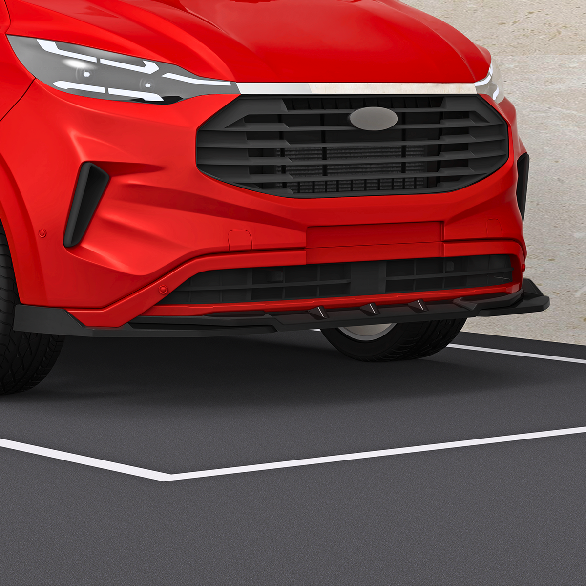 A red car's front is parked in a designated parking space, against a light beige wall. The car features a modern design with a prominent grille and sleek headlights.