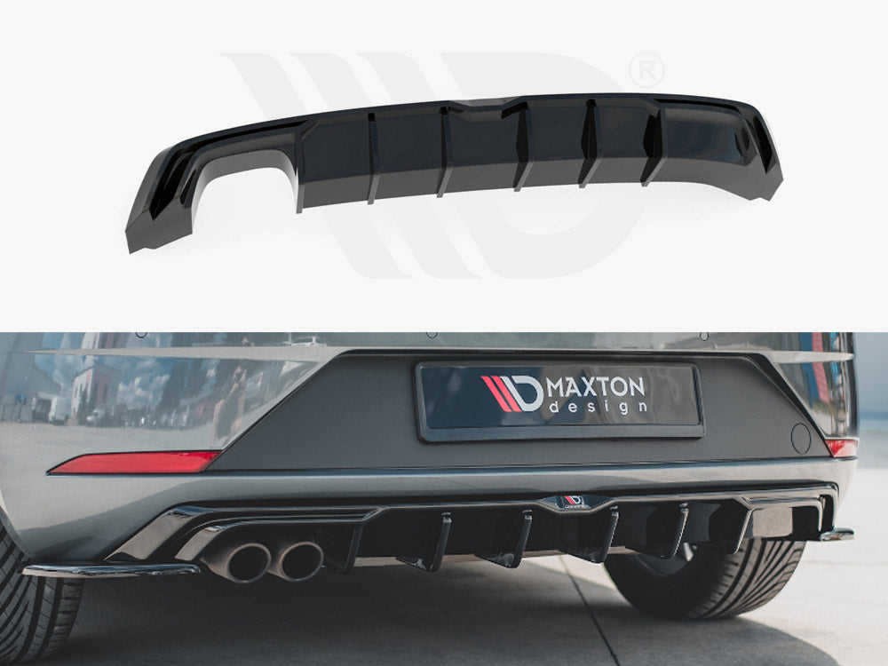 A black car rear diffuser is shown, unattached in the upper image. The lower image shows the diffuser installed on a car bumper with the text "MAXTON design" on a plate beneath.