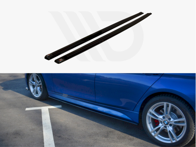 Two black car side skirts positioned above an image of a blue car parked on asphalt, focusing on the right-hand side. The car is parked in a painted parking space.