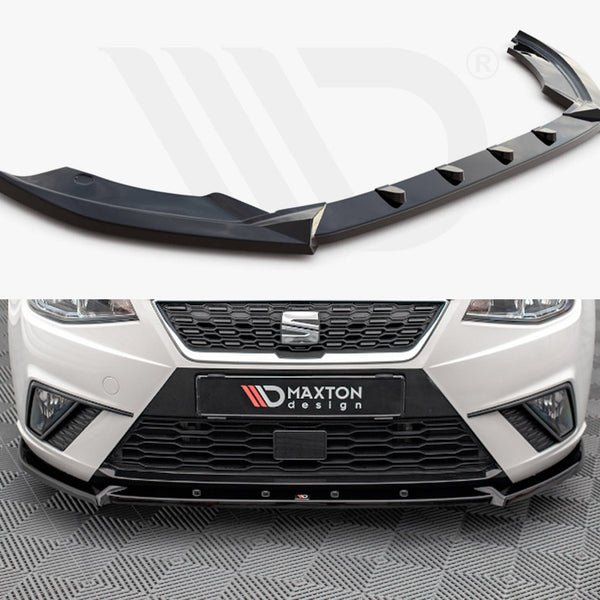 A black car front lip spoiler sits alone above a close-up of a white car's front bumper fitted with the spoiler. Text: "MAXTON design" on the license plate area.