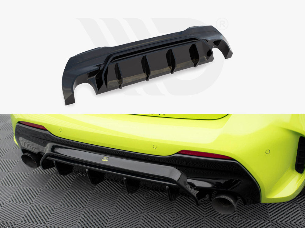 A black car diffuser is first shown separately, then attached under a bright yellow car's rear bumper, enhancing aerodynamics and aesthetics. The car is parked on a patterned surface.