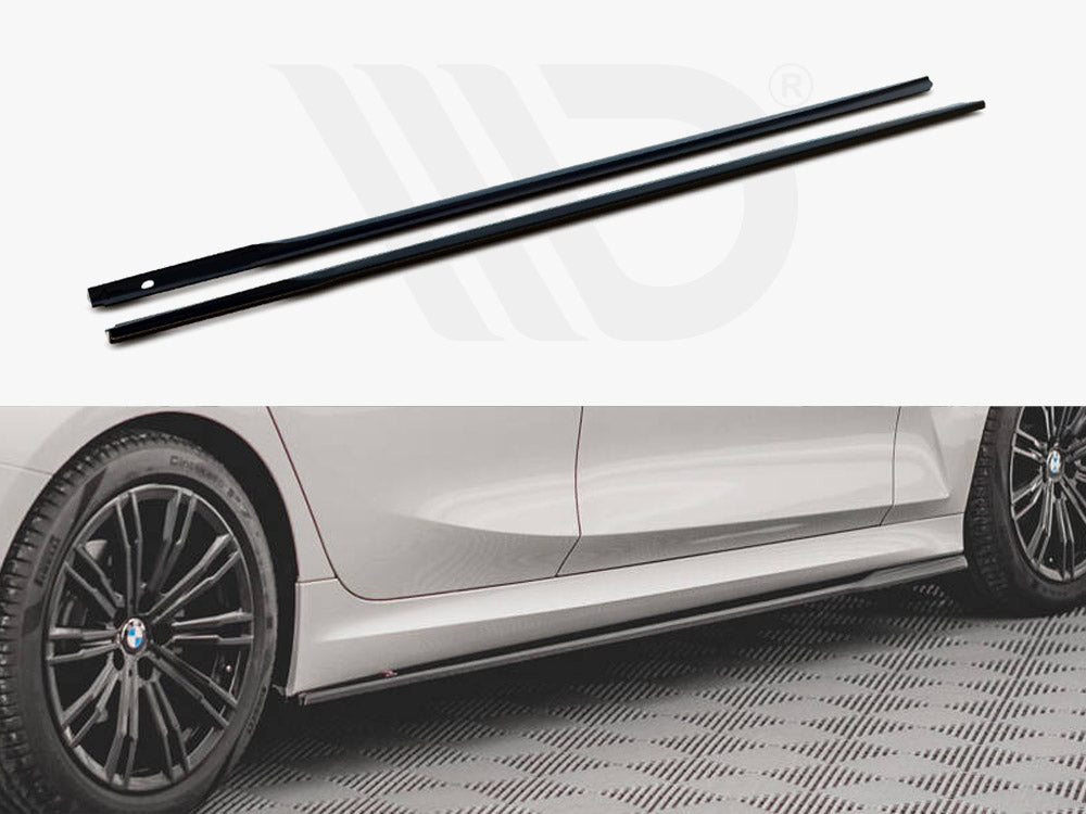 Two slim black car side skirts lie parallel on a white surface. Below, a white car with black alloy wheels displays the skirts attached, set on a patterned floor.