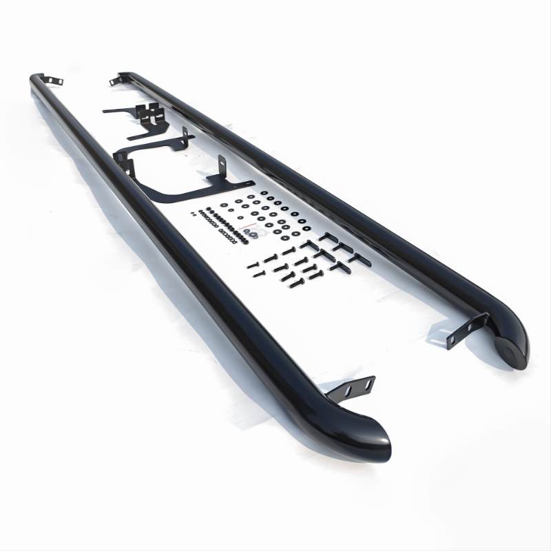 Black, tubular side steps with mounting hardware laid out on a white background. The steps are designed for vehicle attachments, and the hardware includes various nuts, bolts, and brackets.