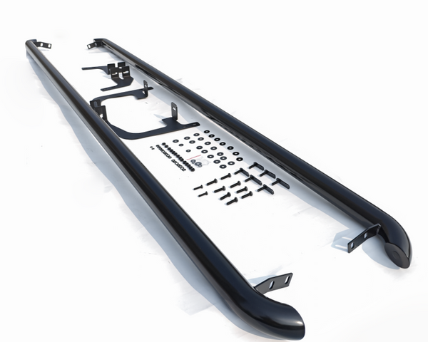 Black vehicle running boards featuring mounting brackets and hardware aligned in a structured layout; displayed on a white background.