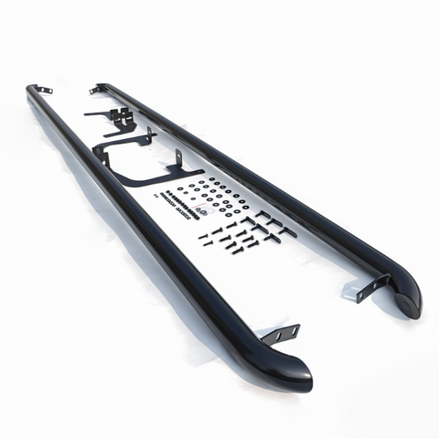 Black vehicle running boards featuring mounting brackets and hardware aligned in a structured layout; displayed on a white background.