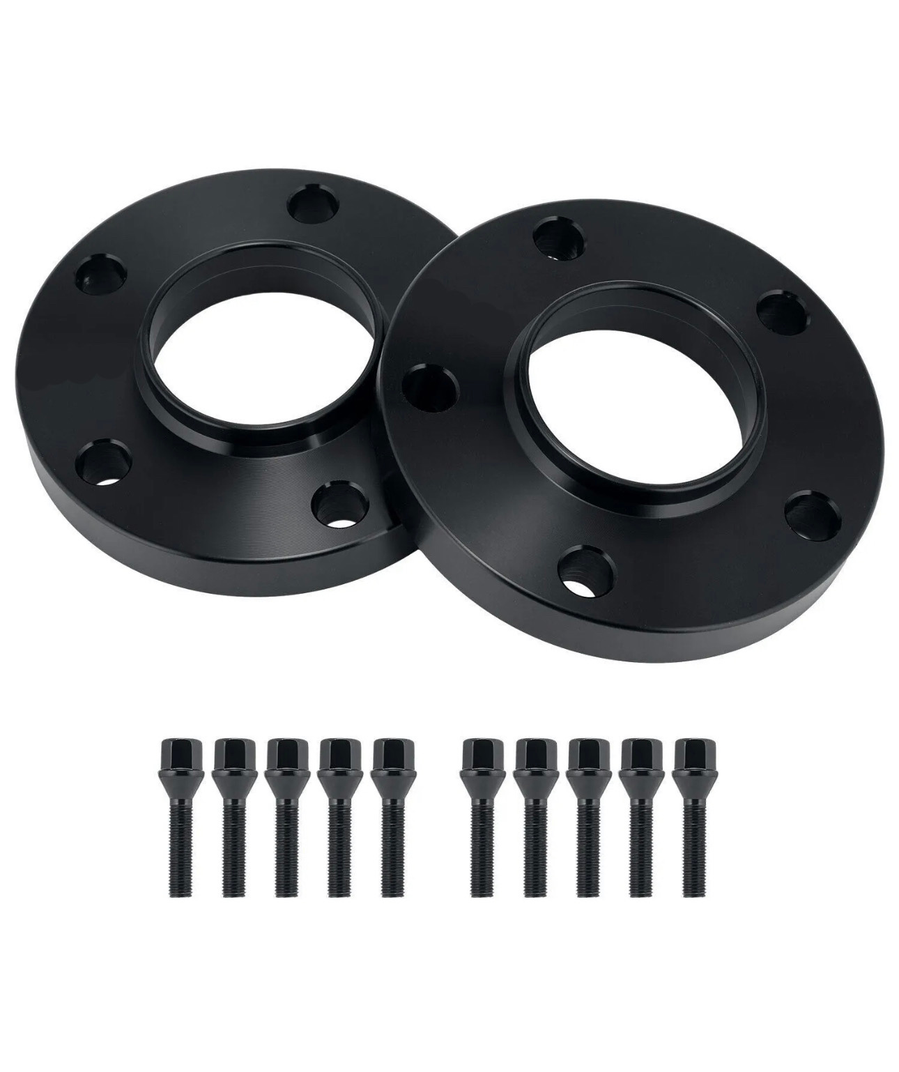 Two round black wheel spacers with multiple holes lie on a flat surface, accompanied by ten black bolts arranged neatly in front of them, likely for automotive use.