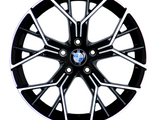A black and silver alloy wheel features a multi-spoke design. The central hub displays the BMW logo, with the letters 