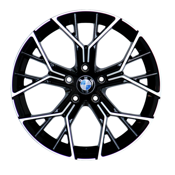 A black and silver alloy wheel features a multi-spoke design. The central hub displays the BMW logo, with the letters "BMW" encircling it. The background is white.