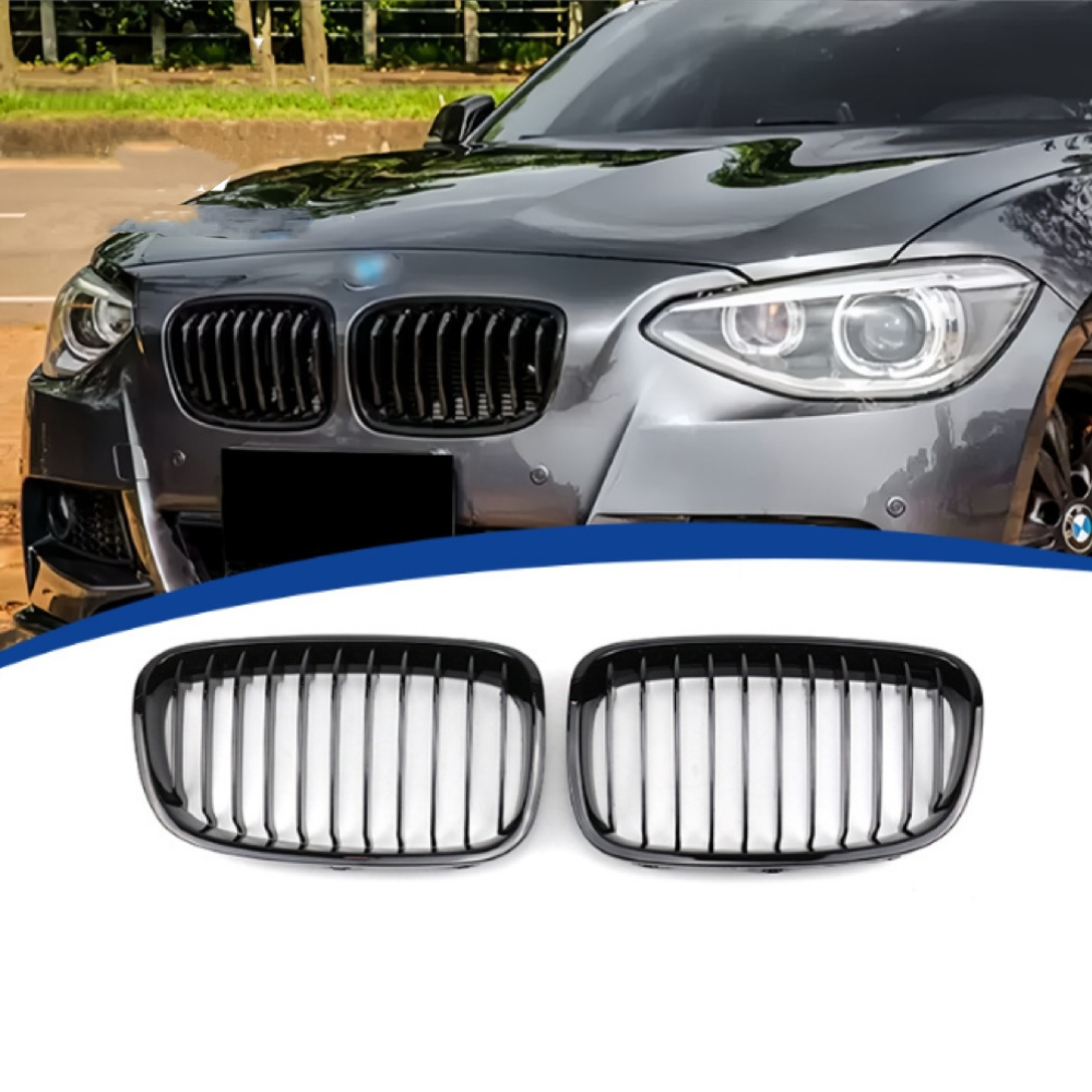 A silver car with prominent kidney-shaped black grilles, parked on the road beside grass and trees. Below, close-up of replacement grilles on a white background.