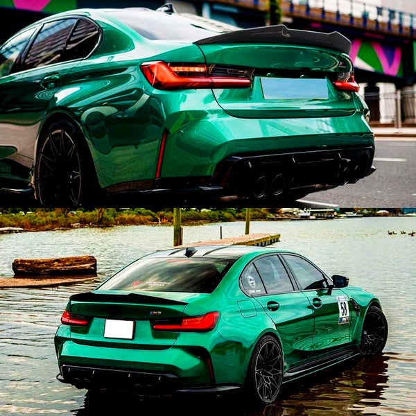 A green sports car, stationary, is showcased from the rear in two settings: an urban street and a lakeside area. The car features black wheels, tinted windows, and the number "58" on the side.
