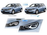 Two blue cars, shown before and after headlight modification. The 