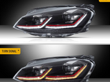Headlight assembly displaying two functions: top shows DRL with white light accents, bottom indicates turn signal with amber lighting. Text reads “DRL” and “TURN SIGNAL” on yellow labels.