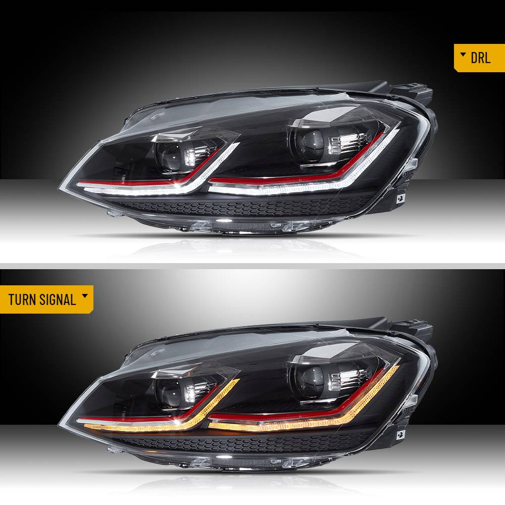 Headlight assembly displaying two functions: top shows DRL with white light accents, bottom indicates turn signal with amber lighting. Text reads “DRL” and “TURN SIGNAL” on yellow labels.