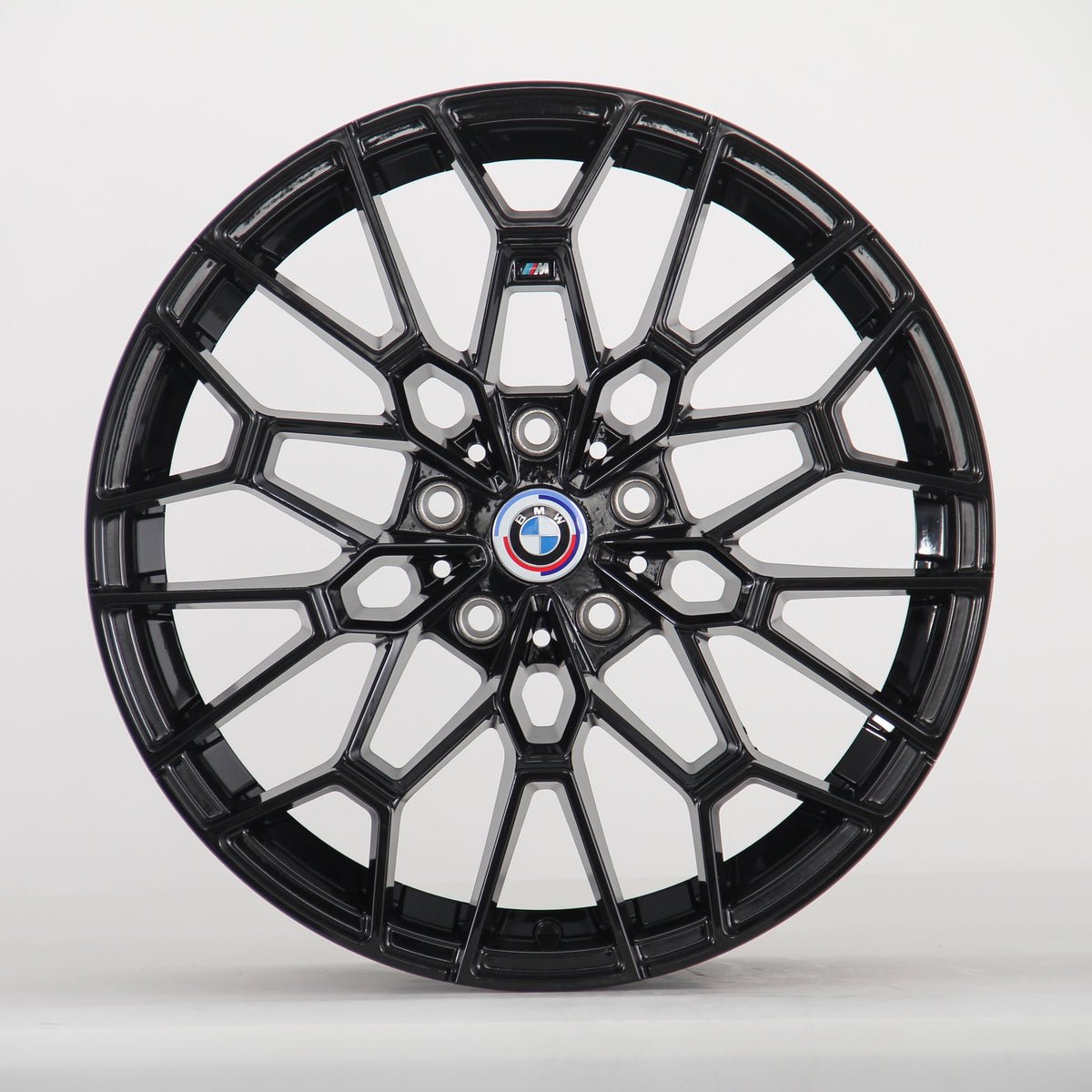 A black multi-spoke alloy wheel is displayed upright, featuring a BMW emblem in the center. The intricate design sits against a plain, light gray backdrop.