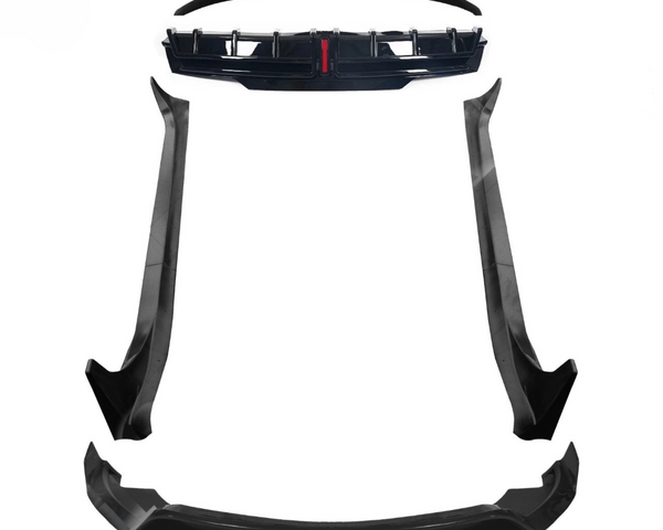 Four black car body kit components, including two long side skirts, are arranged symmetrically on a white background. The pieces appear to form a front and back bumper set.