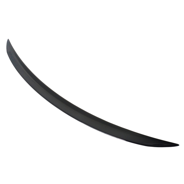 A sleek, curved, black spoiler sits isolated against a white background, suggesting it's an auto accessory designed to enhance vehicle aerodynamics.