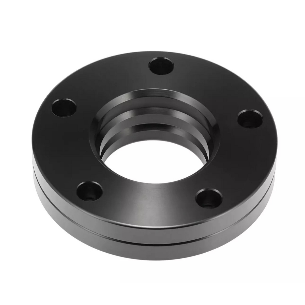 A circular, black metal flange with five evenly spaced holes sits against a plain white background, showcasing its smooth surface and ridges along the inner edge.