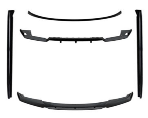 Car body kit components are displayed separately, including a front lip, side skirts, and rear spoiler, arranged symmetrically on a white background.