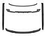Car body kit components are displayed separately, including a front lip, side skirts, and rear spoiler, arranged symmetrically on a white background.