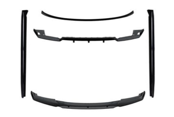 Car body kit components are displayed separately, including a front lip, side skirts, and rear spoiler, arranged symmetrically on a white background.