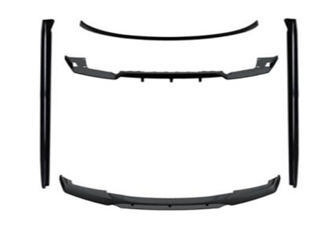 Car body kit components are displayed separately, including a front lip, side skirts, and rear spoiler, arranged symmetrically on a white background.