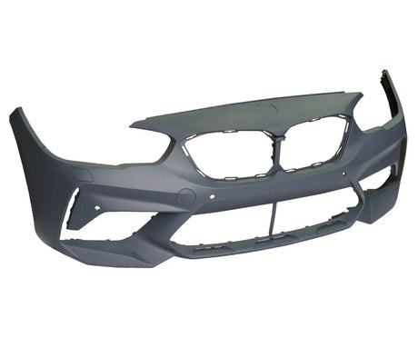 Gray car bumper, featuring grille cutouts and holes for mounting, is displayed against a plain white background. The bumper's design suggests it is intended for a sporty vehicle.