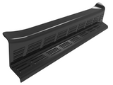 A black metal vent cover with slots lies against a plain white background, showcasing its angled, aerodynamic design.