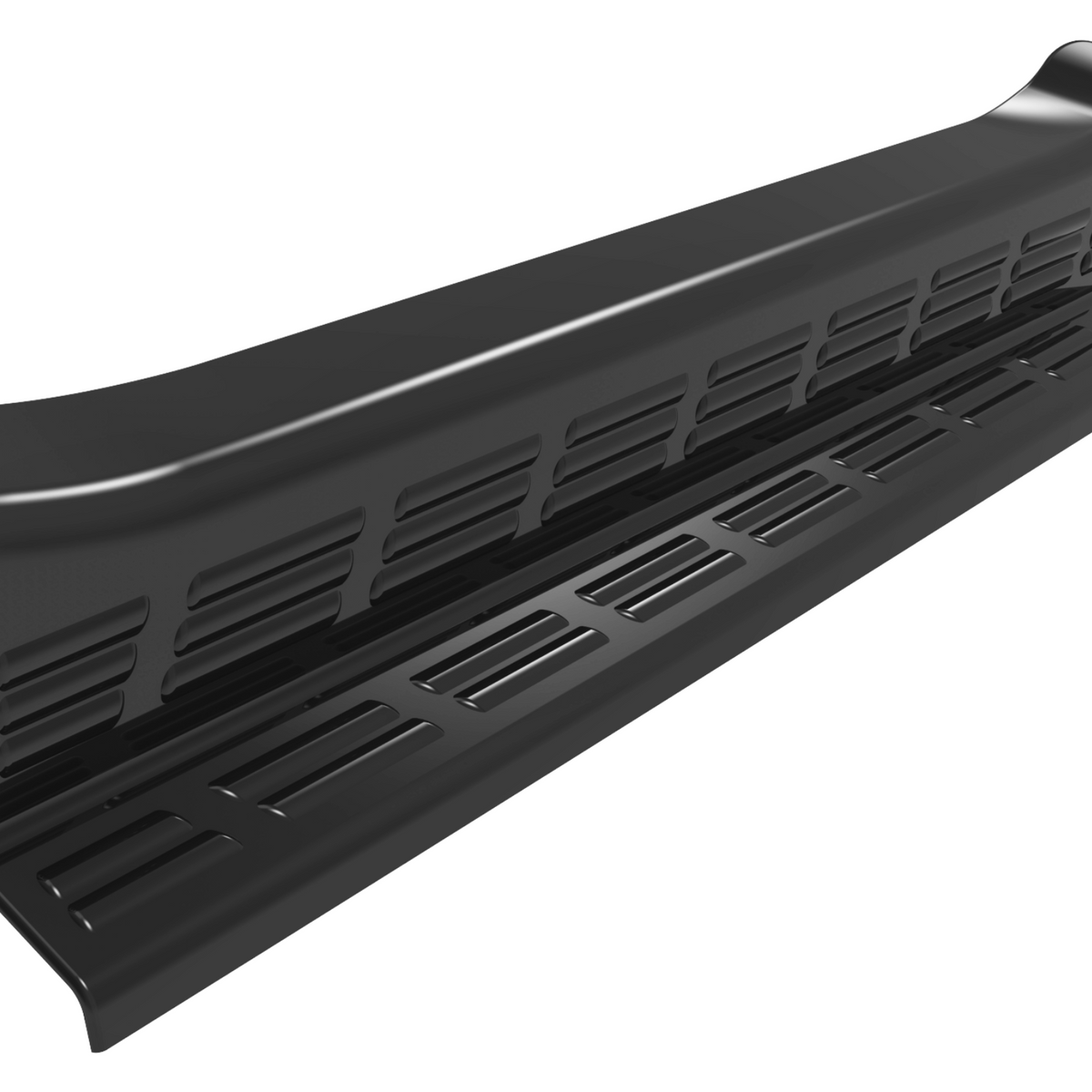 A black metal vent cover with slots lies against a plain white background, showcasing its angled, aerodynamic design.