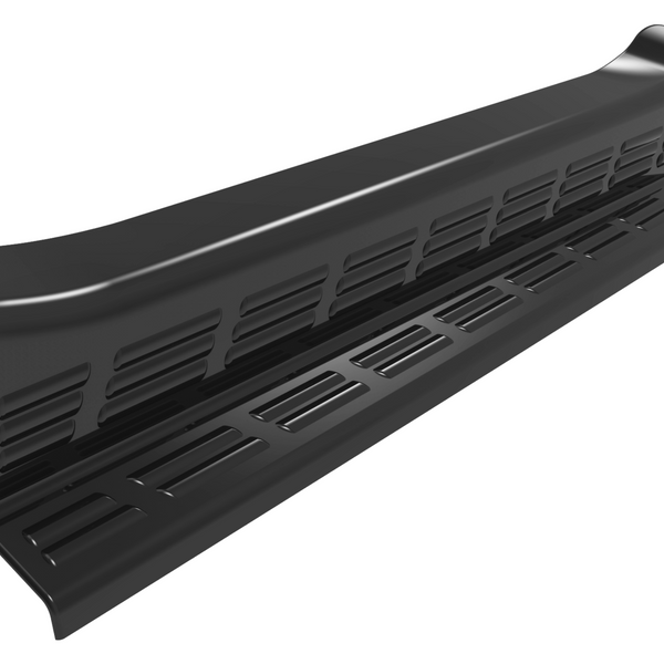 A black metal vent cover with slots lies against a plain white background, showcasing its angled, aerodynamic design.