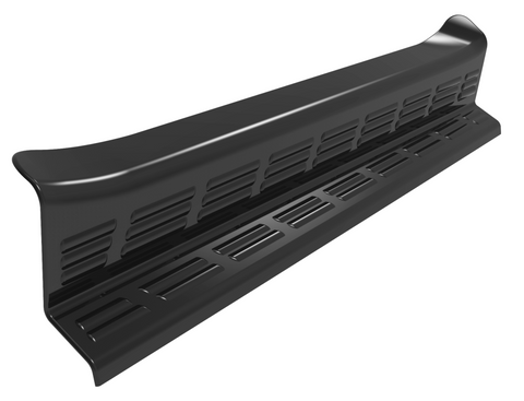 A black metal vent cover with slots lies against a plain white background, showcasing its angled, aerodynamic design.