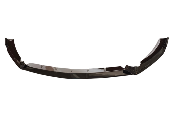 A black car spoiler rests on a plain white background, featuring a curved design with angular edges, giving it an aerodynamic appearance suitable for enhancing vehicle performance.