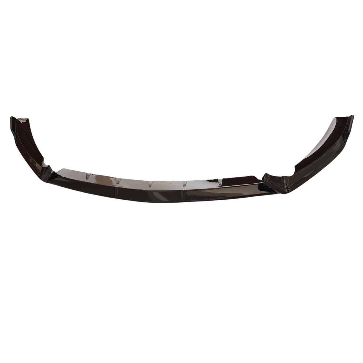 A black car spoiler rests on a plain white background, featuring a curved design with angular edges, giving it an aerodynamic appearance suitable for enhancing vehicle performance.