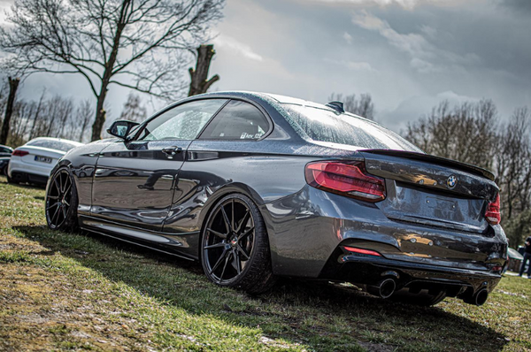 A sleek, dark gray sports car with wet bodywork is parked on grassy terrain. It's surrounded by bare trees under a cloudy sky. Another car is visible in the background.