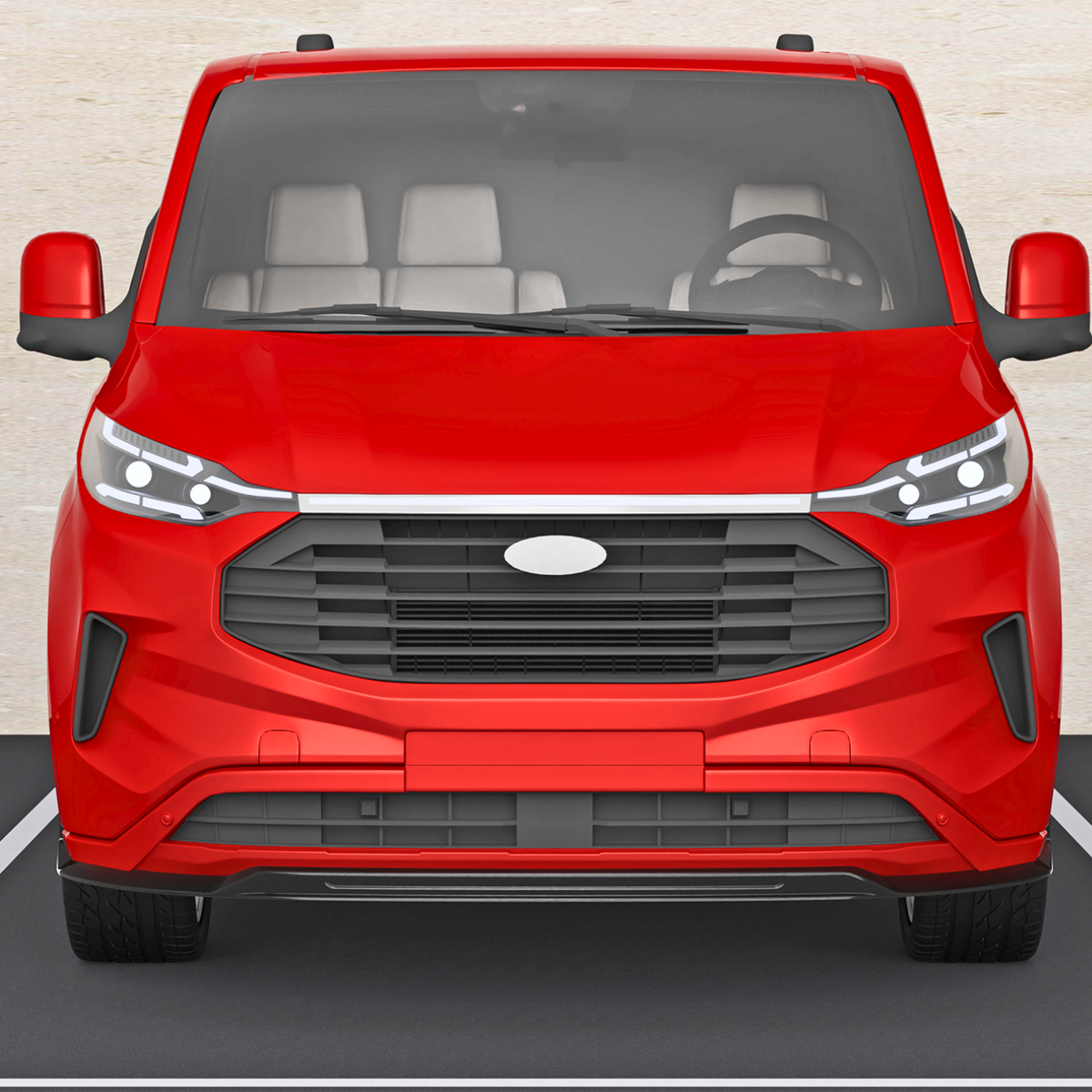 A red van is parked in a designated space, surrounded by a light-colored surface. Its front-facing view showcases headlights, a large grille, and visible side mirrors.