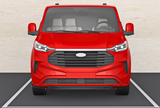 A red van is parked in a designated space, surrounded by a light-colored surface. Its front-facing view showcases headlights, a large grille, and visible side mirrors.
