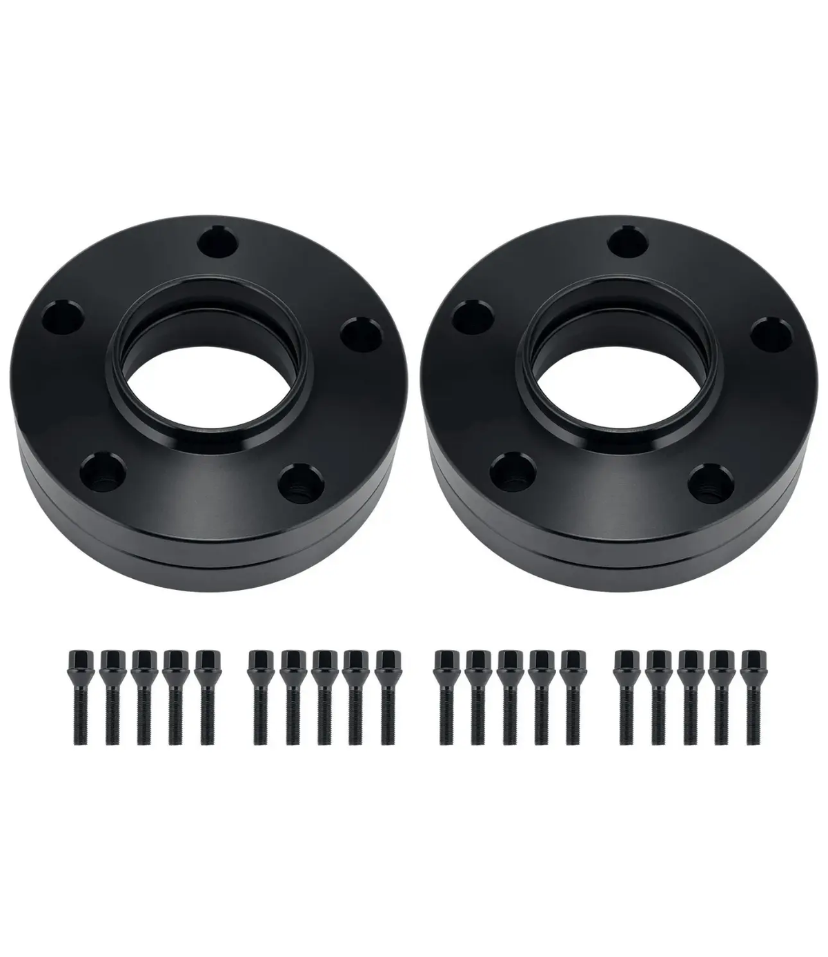 Two black circular metal spacers with central holes and five smaller holes each, accompanied by twenty black bolts, are arranged on a plain white background.