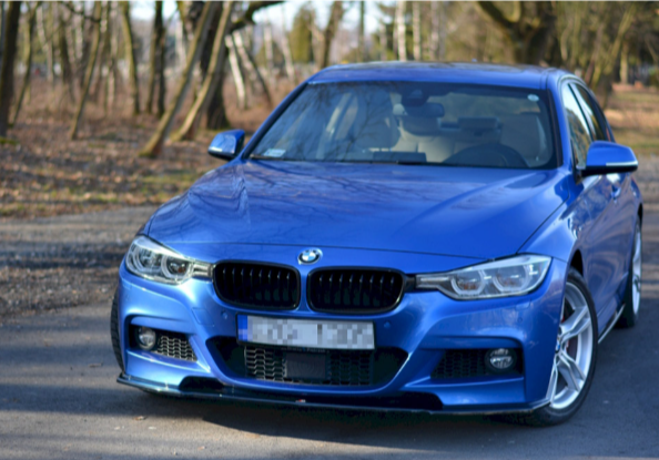 A blue car is parked on a road surrounded by trees in a wooded area. The vehicle is facing forward, visible in daylight, with no people present.