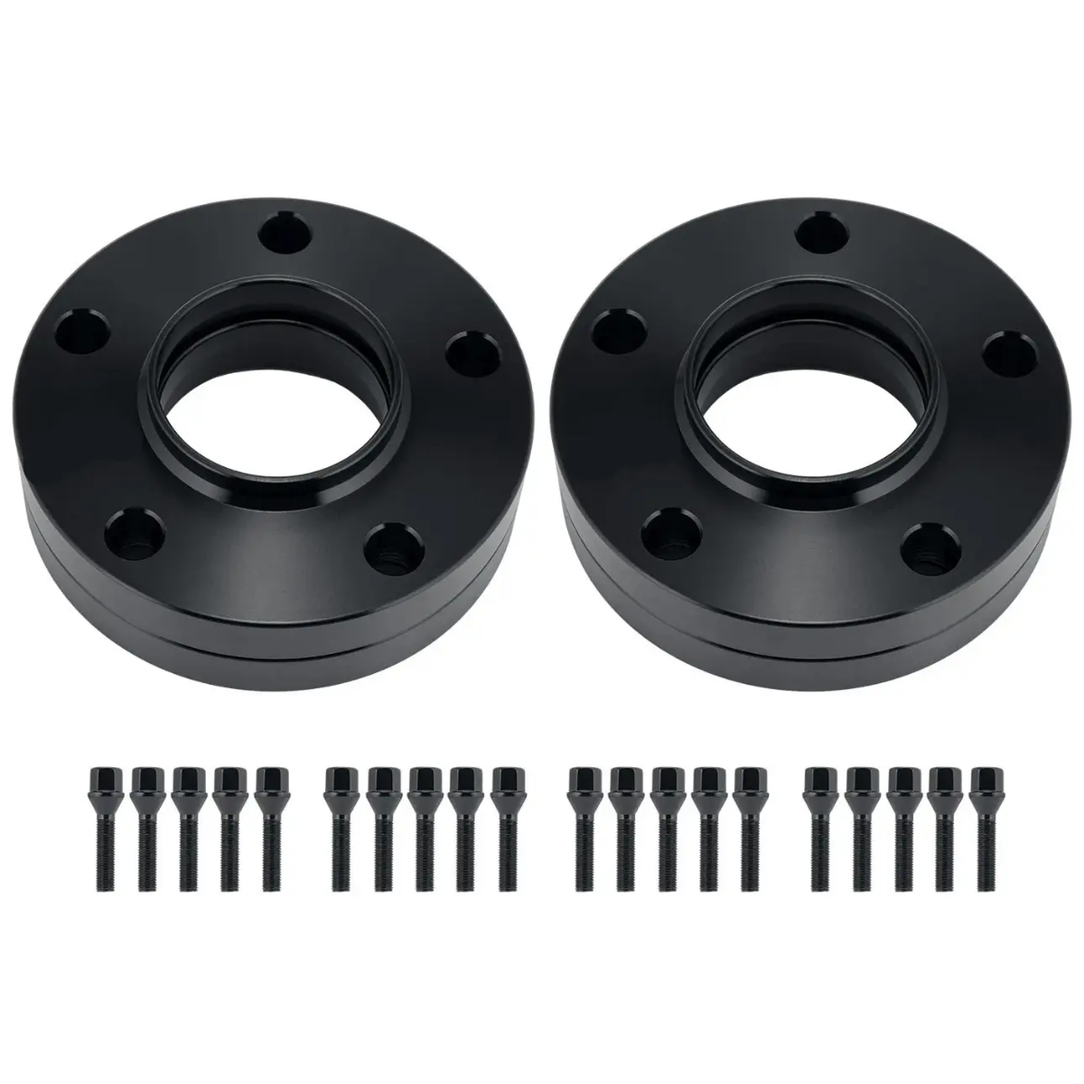 Two black circular wheel spacers with five bolt holes each are positioned on a white background. Below them, 20 matching bolts are neatly arranged in two rows.