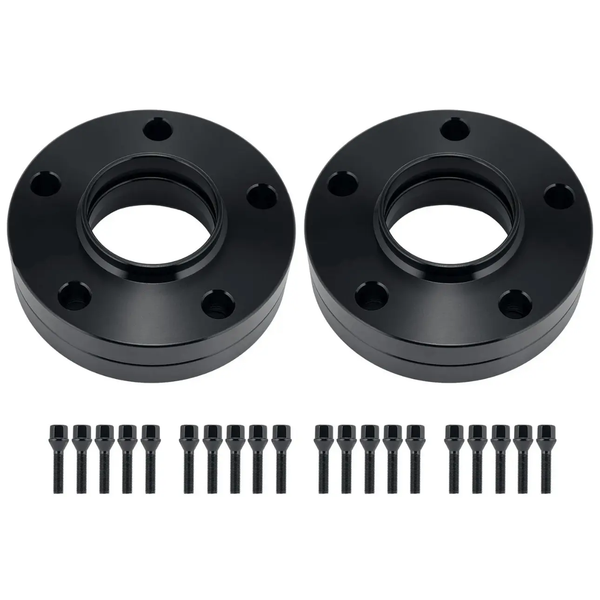 Two black circular wheel spacers with five bolt holes each are positioned on a white background. Below them, 20 matching bolts are neatly arranged in two rows.