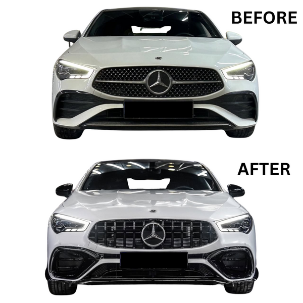 A white car's front grille changes from a diamond pattern ("BEFORE") to a vertical bar design ("AFTER"). Each image features "Mercedes" in a bright, indoor setting.