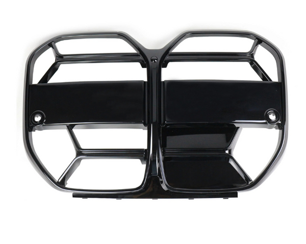 A shiny black car grille, divided into two sections with horizontal and vertical slats, rests on a plain white background, designed for ventilation and vehicle styling.