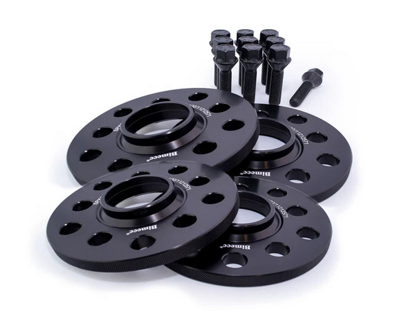 Four black wheel spacers with multiple holes are arranged neatly, accompanied by a set of eight bolts. The spacers are labeled "Bimecc." The background is plain white.