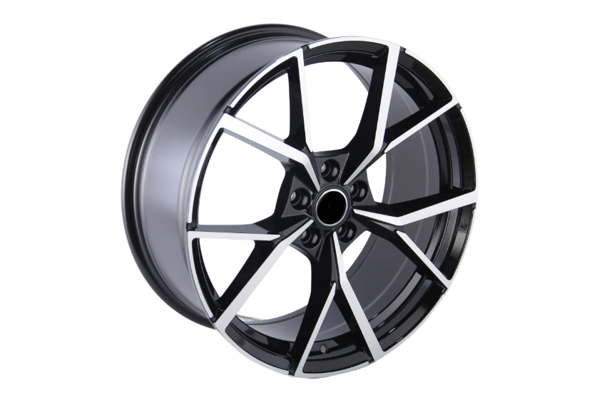 A black and silver alloy wheel with a geometric, angular spoke design, positioned upright against a plain white background.