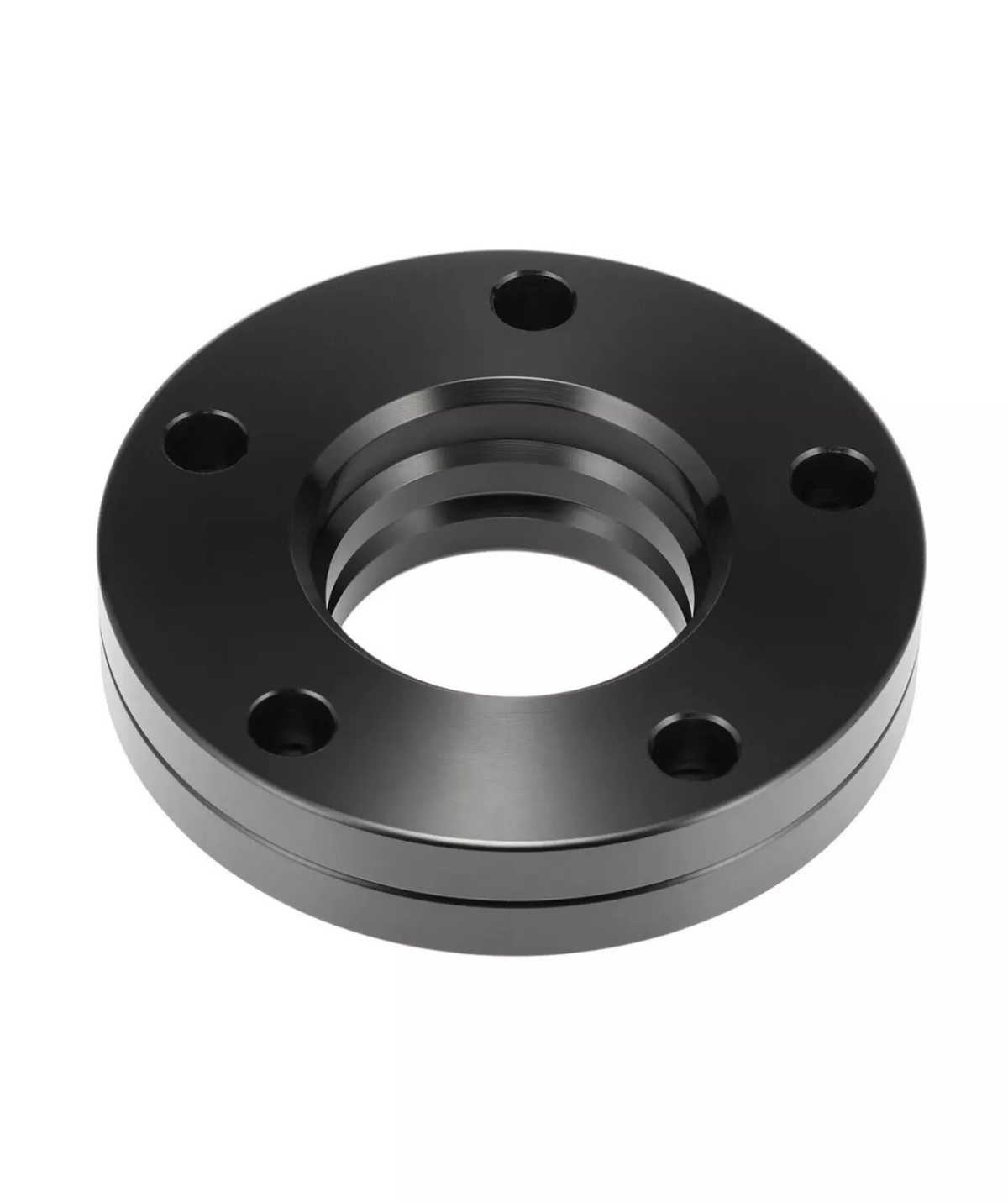 A black metal flange with five bolt holes is shown on a plain white background, with a central threaded opening surrounded by a smooth, polished surface.